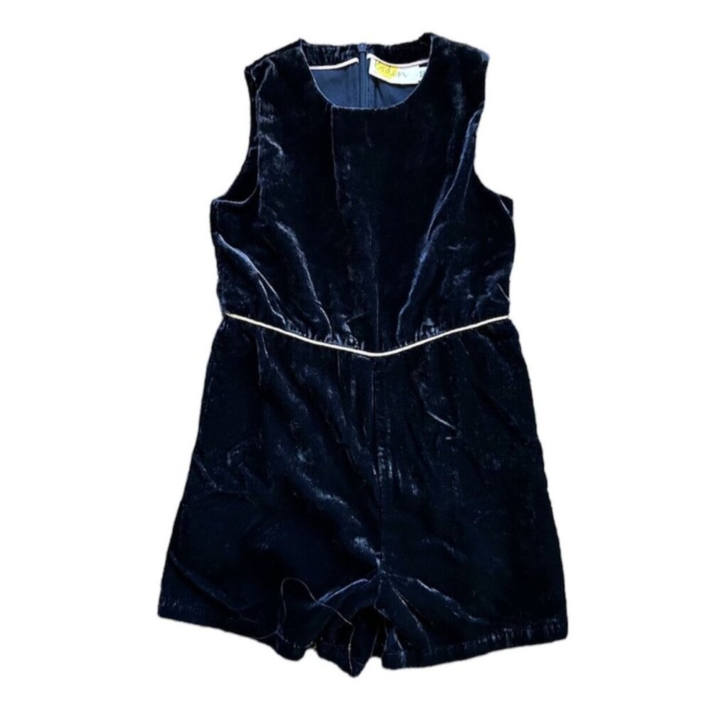 Boden Navy Crushed Velour Gold Piping Sleeveless Romper Back Zipper Size 6/7Y